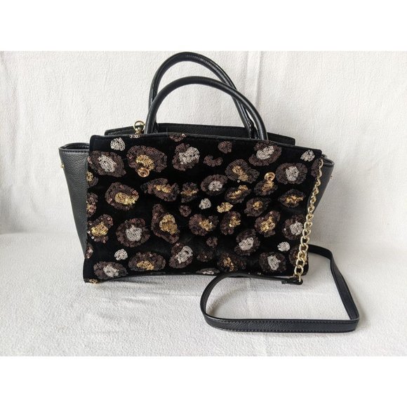 Betsey Johnson Velvet Sequin Leopard Satchel Purse Handbag Interchangeable Black - Picture 1 of 10